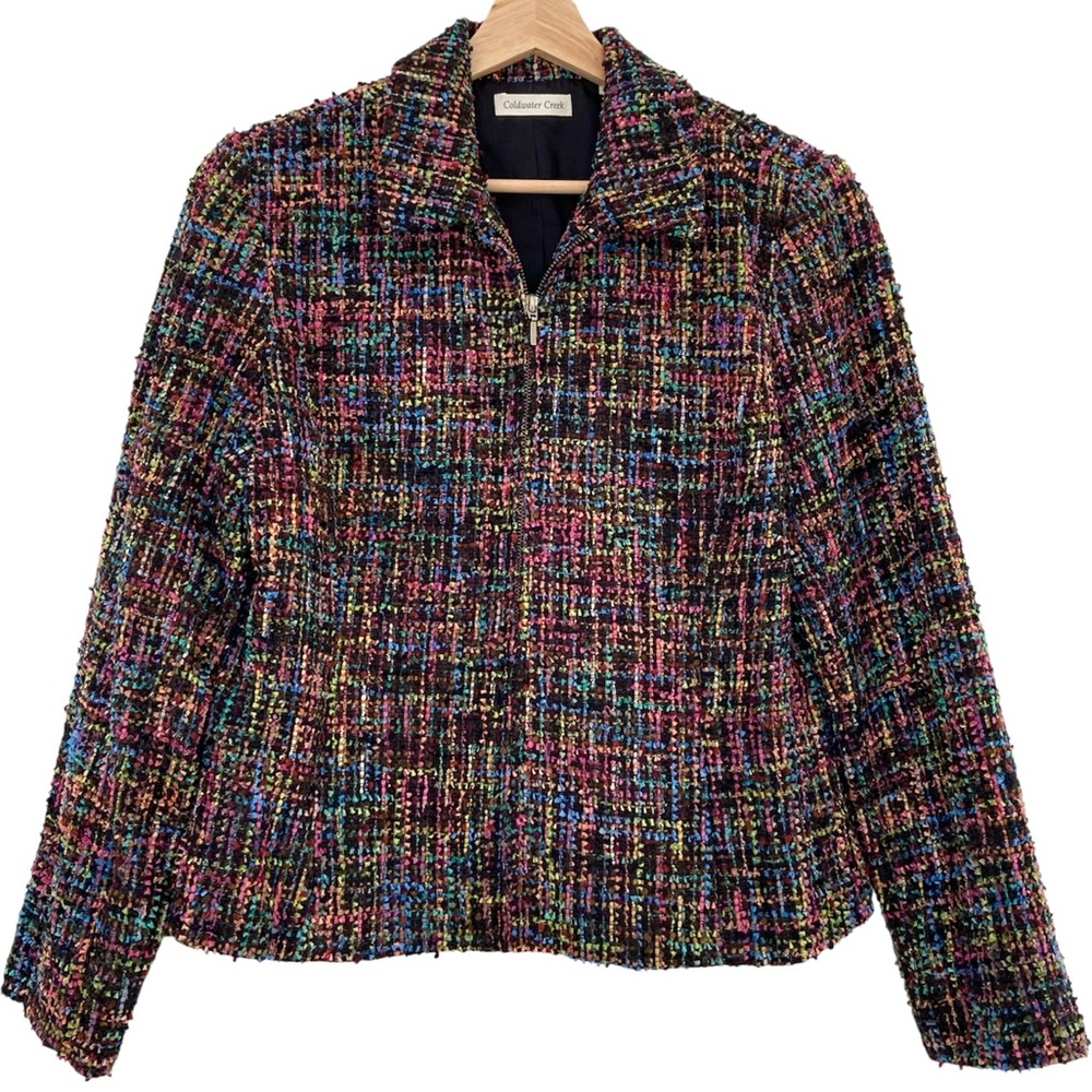 Vintage Coldwater Creek Boucle Blazer Colorful Rainbow Zip Up Texture Artsy 12